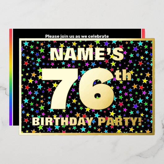 76歳の誕生日パーティー - 楽しいカラフルな星柄 箔招待状 (正面/裏面)