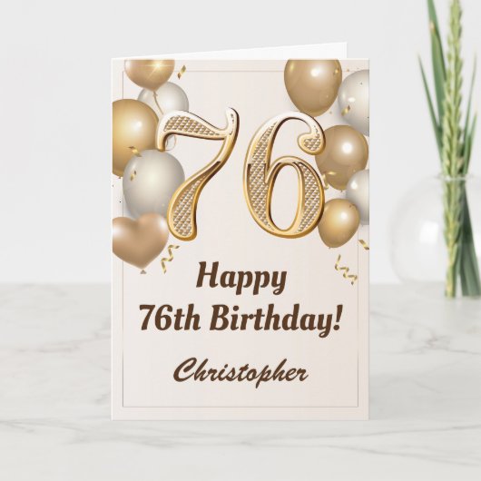 76歳の誕生日 ゴールド風船とコンフェッティ 誕生日 カード (正面)