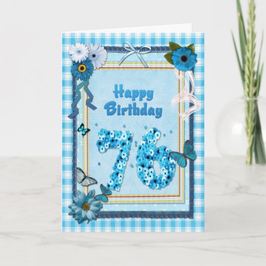 76番目の誕生日でスクラップブック効果を持つ カード (正面)