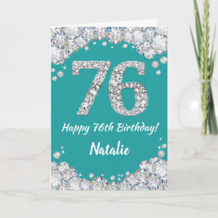 76番目の誕生日ティール(緑がかった色)とシルバーグリッターカード カード