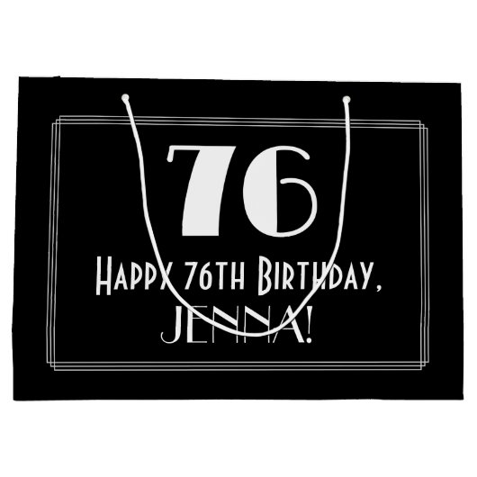 76番目の誕生日:インスパイアアールデコスタイル「76」、名前 ラージペーパーバッグ (裏面)