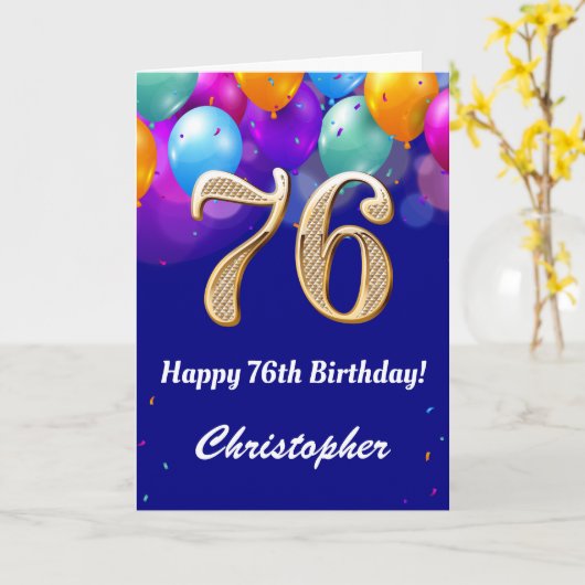 76誕生日ネイビーブルーと金ゴールドバルーンカラフル カード (黄色い花)