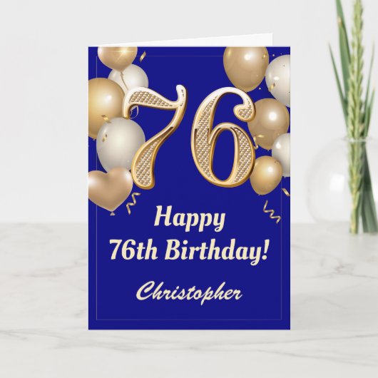 76誕生日ネイビーブルーと金ゴールドバルーン紙吹雪 カード (正面)