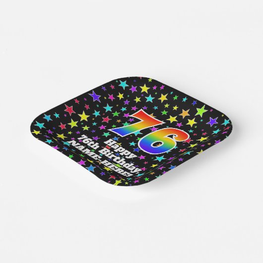 76誕生日:おもしろいスター柄と虹"76" ペーパープレート (傾斜あり)