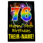 76誕生日:おもしろい花火パターン+虹76 ミディアムペーパーバッグ (正面)