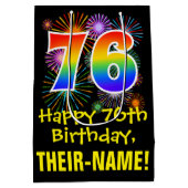 76誕生日:おもしろい花火パターン+虹76 ミディアムペーパーバッグ (裏面)