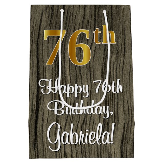 76誕生日:エレガントフェイク金ゴールドルック#,フェイク Wood ミディアムペーパーバッグ (裏面)