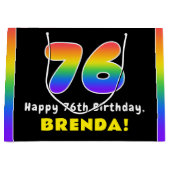 76誕生日:カラフルレインボー# 76,名前をカスタムする ラージペーパーバッグ (正面)