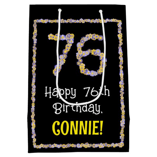 76誕生日:フローラ花数名前をカスタムする ミディアムペーパーバッグ (裏面)