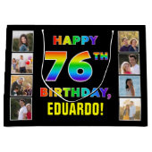 76誕生日:レインボー文字カスタム、写真&名前 ラージペーパーバッグ (正面)