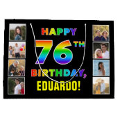 76誕生日:レインボー文字カスタム、写真&名前 ラージペーパーバッグ (裏面)