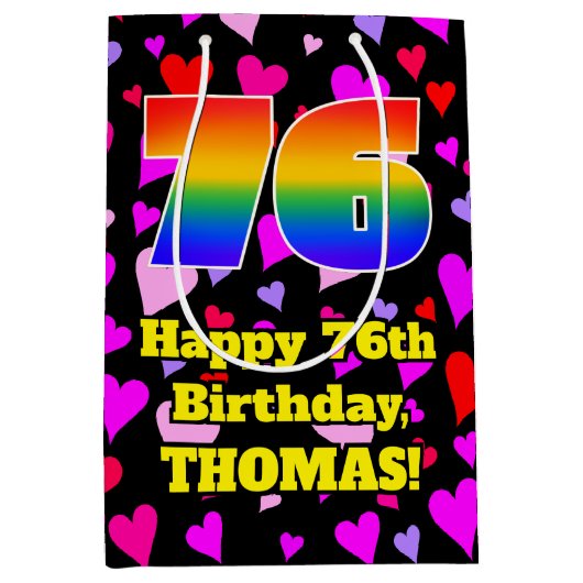 76誕生日:愛するハートパターン、虹# 76 ミディアムペーパーバッグ (正面)