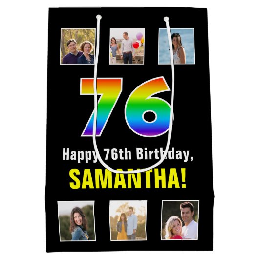 76誕生日: Rainbow "76"，写真カスタムと名前 ミディアムペーパーバッグ (裏面)