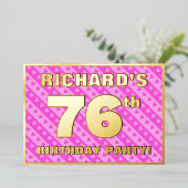 76th Birthday Party —おもしろいピンクのハートとストライプ 箔招待状 (立ち正面)