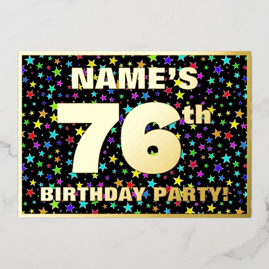 76th Birthday Party —おもしろい、スターカラフルズ・パターン 箔招待状 (正面)