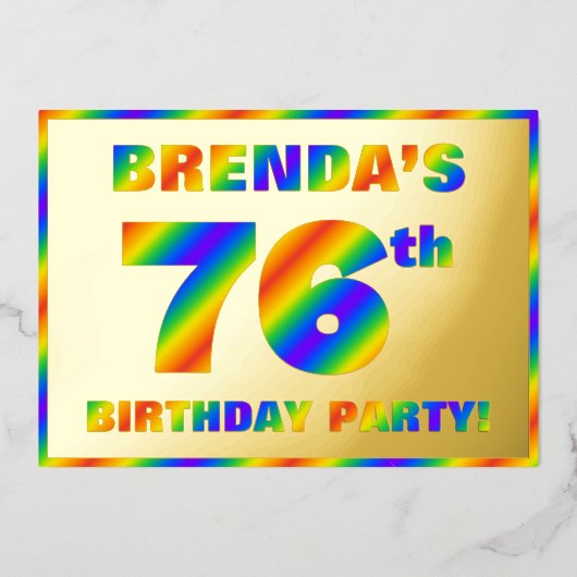 76th Birthday Party —おもしろい、レインボースペクトル「76」 箔招待状 (正面)