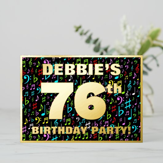 76th Birthday Party —おもしろい、音楽カラフル記号 箔招待状 (立ち正面)