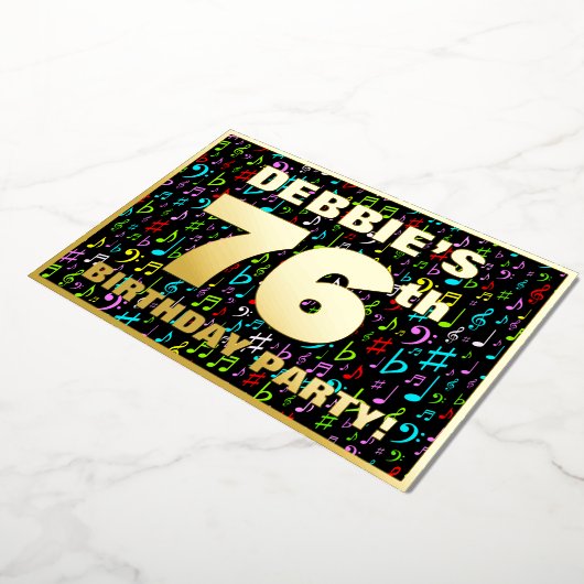 76th Birthday Party —おもしろい、音楽カラフル記号 箔招待状 (回転した状態)