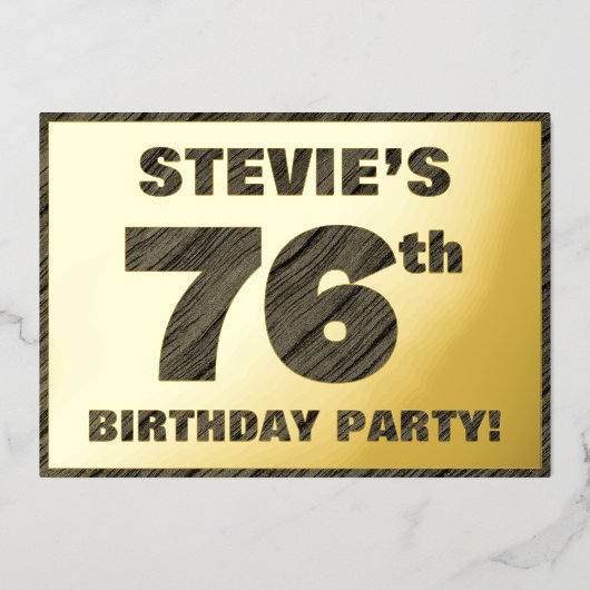 76th Birthday Party — はっきりしたWood Grainフェイク文字 箔招待状 (正面)