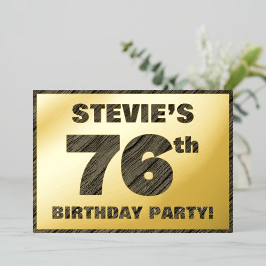 76th Birthday Party — はっきりしたWood Grainフェイク文字 箔招待状 (立ち正面)