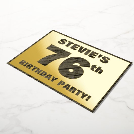 76th Birthday Party — はっきりしたWood Grainフェイク文字 箔招待状 (回転した状態)