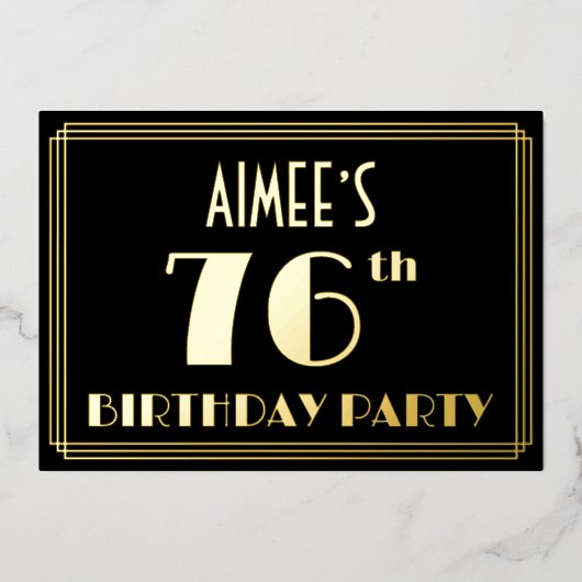 76th Birthday Party:アールデコルック"76"、名前 箔招待状 (正面)