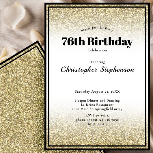 76th Birthday Party Invitation in Black and Gold 招待状