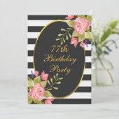 77歳の誕生日おめでとう ブラックとホワイトのストライプ ゴールド箔押し 招待状 (スタンド正面)