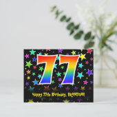 77歳の誕生日おめでとう：楽しいスターパターン、虹77、名前 ポストカード (スタンド正面)