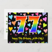 77歳の誕生日おめでとう:楽しいハート柄、虹色77 ポストカード (正面/裏面)
