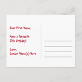 77歳の誕生日：ピンクのストライプとハート、虹色の77 ポストカード (裏面)