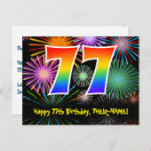 77歳の誕生日 – 楽しい花火模様 + レインボー 77 ポストカード (正面/裏面)
