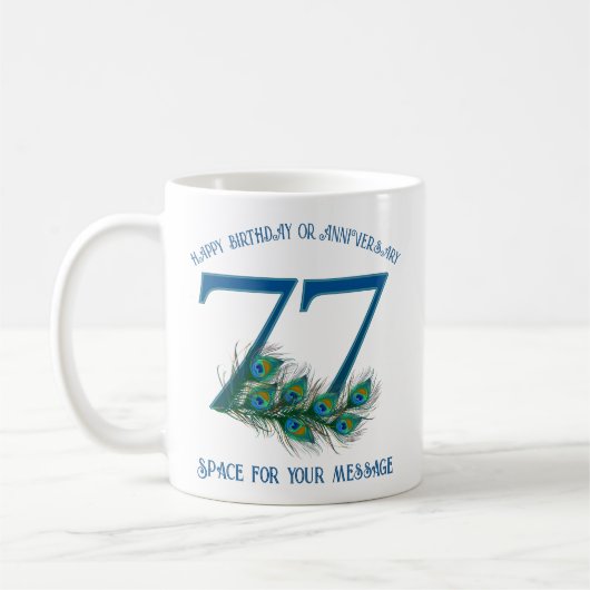 77歳の誕生日・記念日を祝う孔雀の羽 コーヒーマグカップ (左)