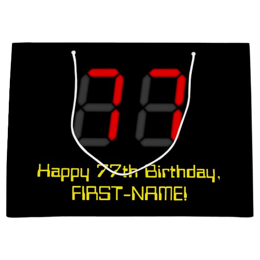 77歳の誕生日:赤い電卓風デザインの「77」+名前 ラージペーパーバッグ (正面)