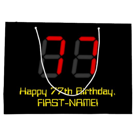 77歳の誕生日:赤い電卓風デザインの「77」+名前 ラージペーパーバッグ (裏面)
