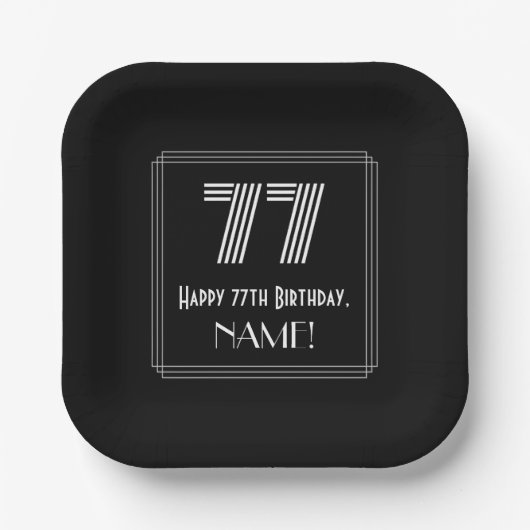 77番目の誕生日—アールデコインスパイアの見た目は「77」 +名前 ペーパープレート (正面)