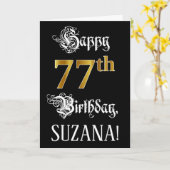 77番目の誕生日:ファンシースクリプト、フェイク金ゴールド・ルック、名前 カード (黄色い花)