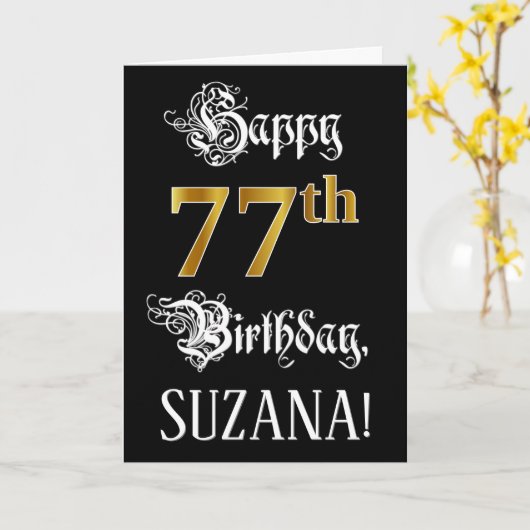 77番目の誕生日:ファンシースクリプト、フェイク金ゴールド・ルック、名前 カード (黄色い花)