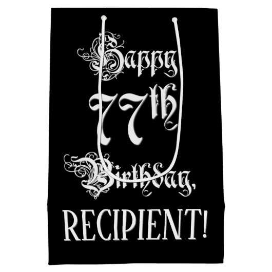 77番目の誕生日: ファンシー、スクリプエレガントト+名前をカスタムする ミディアムペーパーバッグ (裏面)