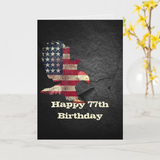 77誕生日の国旗とハゲのワシ カード (黄色い花)