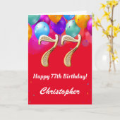 77誕生日の赤と金ゴールドカラフル風船 カード (黄色い花)