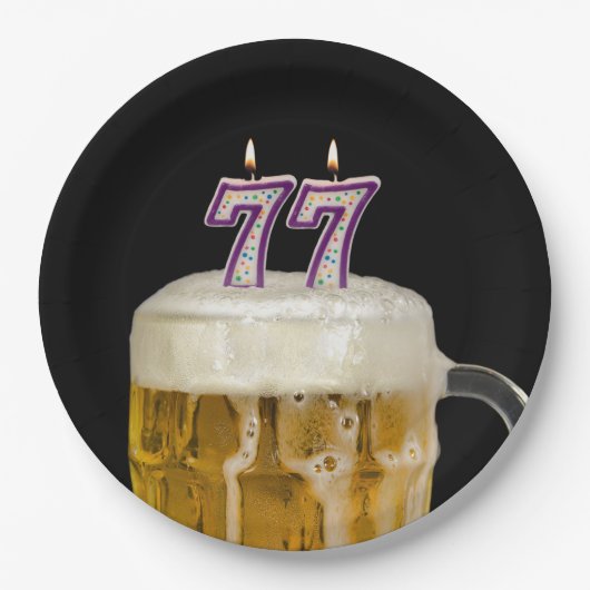 77誕生日ビールオンブラック紙プレート ペーパープレート (正面)