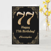 77誕生日ブラックおよび金ゴールドグリッターフレーム カード (黄色い花)