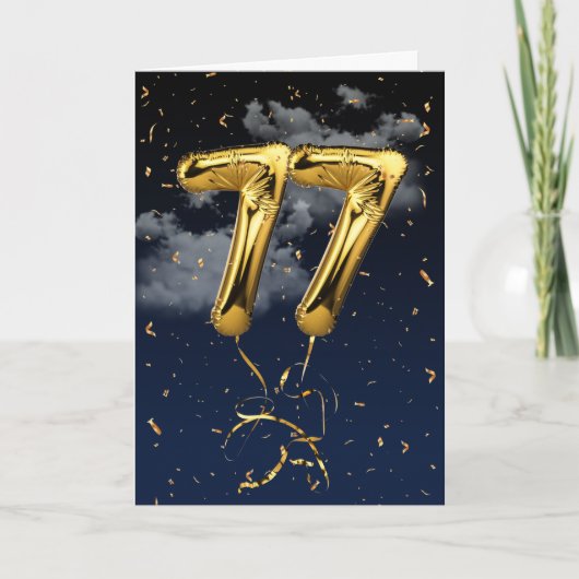 77誕生日金ゴールドマイラーバルーンと紙吹雪カード カード (正面)