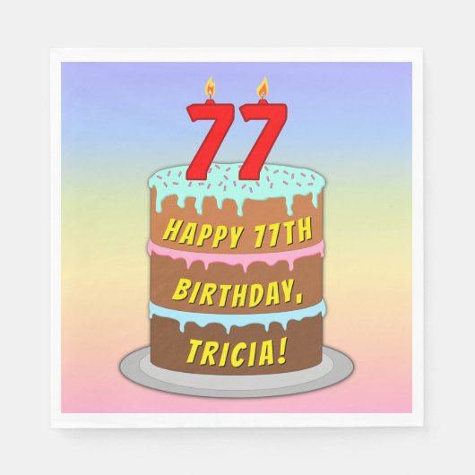 77誕生日:おもしろいケーキとキャンドル+名前をカスタムする スタンダードランチョンナプキン (正面)