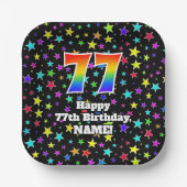77誕生日:おもしろいスター柄と虹"77" ペーパープレート (正面)
