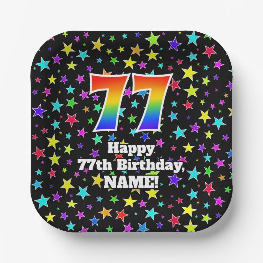 77誕生日:おもしろいスター柄と虹"77" ペーパープレート (正面)