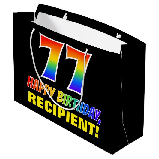 77誕生日:はっきりした,おもしろい,シンプル虹, 77 ラージペーパーバッグ (裏面アングル)