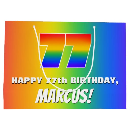 77誕生日: カラフル、おもしろいレインボーパターン# 77 ラージペーパーバッグ (裏面)