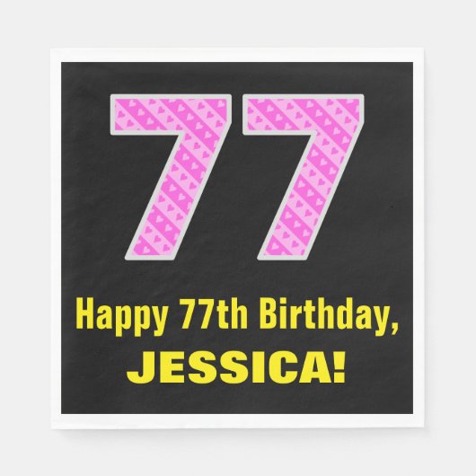 77誕生日:ピンクストライプのハートと「77」 +名前 スタンダードランチョンナプキン (正面)